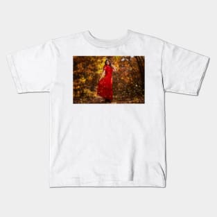 Woman in red dress in the oak forest, full body Kids T-Shirt